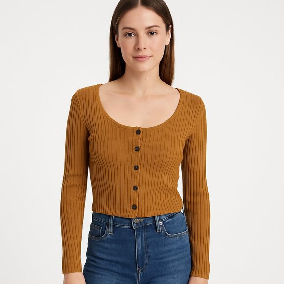 Madewell SZ M Ribbed Cardigan Crop Tee Toffee NWT - Picture 1 of 7
